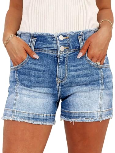 51kLUlgB2L.jpg Women's Jean Shorts Stretchy Mid Waist Straight Leg Raw Hem Tummy Control Denim Shorts