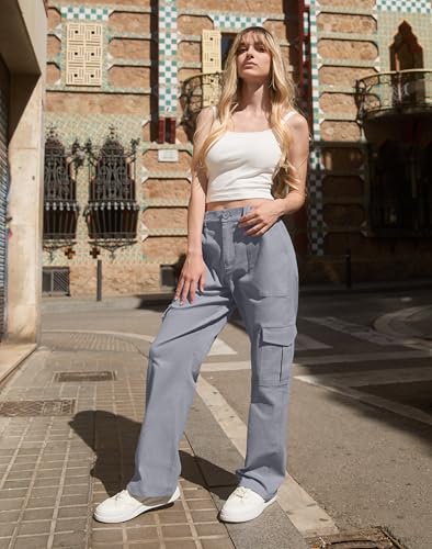 51kXObPQPoL.jpg Petite Women's Cargo Pants Baggy Y2K Jeans High Waisted Casual Stretchy Wide Leg Streetwear with 6 Pockets for Women