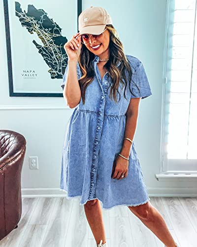 Women's Short Sleeve Button Down Flowy Tiered Babydoll Denim Dress
