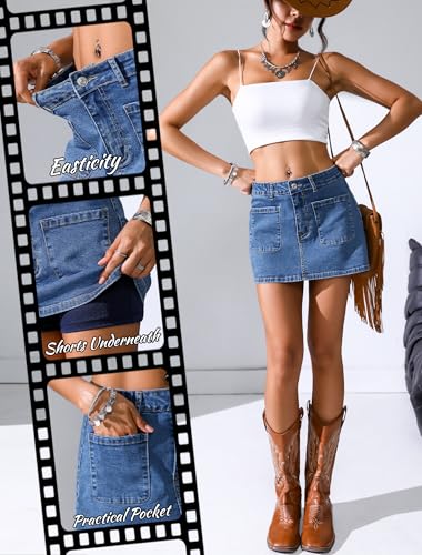 51mHCrw8KL.jpg Jean Skorts for Woman High Waisted Stretchy Denim Skirt with Shorts Mini Skirt with Pockets