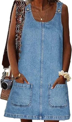 Women's Sleeveless Casual Denim Dress Crewneck Vintage Loose Jean Overall Dress with Pockets