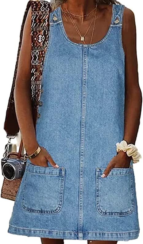 51mpfP8kbUL.jpg Women's Sleeveless Casual Denim Dress Crewneck Vintage Loose Jean Overall Dress with Pockets