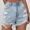51oDrsi8ViL.jpg Women's Ripped Raw Hem High Wait Straight Leg Solid Denim Shorts