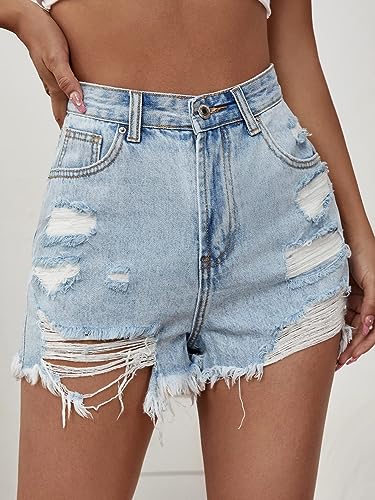 51oDrsi8ViL.jpg Women's Ripped Raw Hem High Wait Straight Leg Solid Denim Shorts