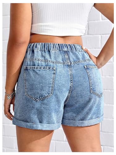 51oMC18ea8L.jpg Women's Plus Size Drawstring Elastic Waist Denim Shorts Straight Leg Casual Summer Short Jeans