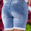 Bermuda Jean Shorts for Women Mid Waist Summer Trendy Stretchy Lace Trim Denim Shorts