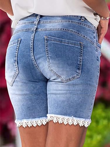 Bermuda Jean Shorts for Women Mid Waist Summer Trendy Stretchy Lace Trim Denim Shorts