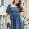 51pgs7VlmBL.jpg Denim Dress Babydoll Jean Square Neck Puff Sleeve Casual Country Concert Dresses with Pockets for Women 2025