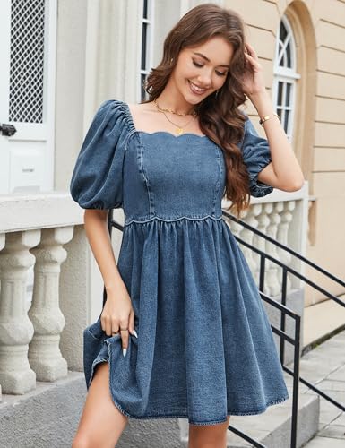 51pgs7VlmBL.jpg Denim Dress Babydoll Jean Square Neck Puff Sleeve Casual Country Concert Dresses with Pockets for Women 2025