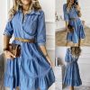 Womens Button Down Denim Dress Casual Loose Fit Cuffed Sleeve Ruffled Jean Dresses for Women 2025(no Belt)