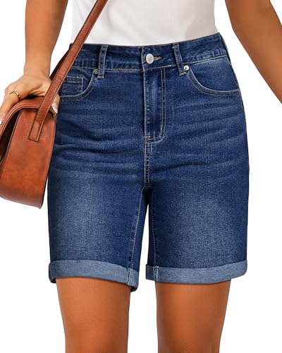 Jean Shorts for Women High Waisted Trendy Causal Summer Fold Hem Stretchy Long Denim Shorts 7 Inch Inseam