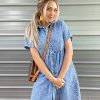 Women's Short Sleeve Button Down Flowy Tiered Babydoll Denim Dress