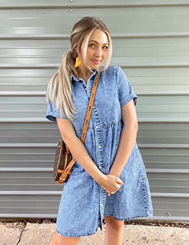 Women's Short Sleeve Button Down Flowy Tiered Babydoll Denim Dress
