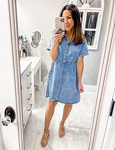 Women's Short Sleeve Button Down Flowy Tiered Babydoll Denim Dress