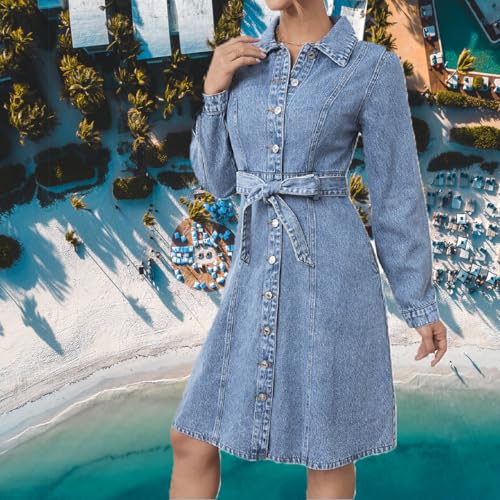 51tBye9GDqL.jpg Women's Denim Dresses Long Sleeve Button Down Midi Jean Dress