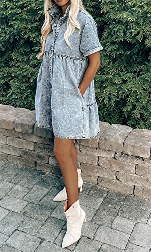 51tN6sFzlYL.jpg Women's Denim Dress for Women Blue Jean Dress 2025 Trendy Summer Short Sleeve Denim Dresses with Pockets