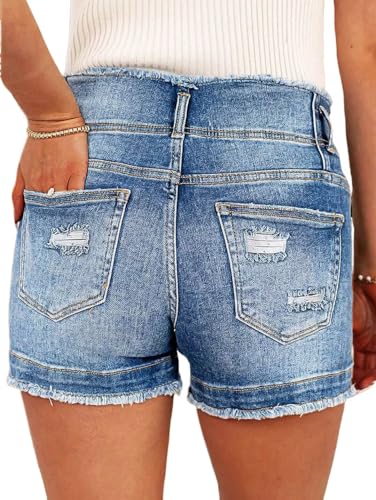 51uP2NH3wNL.jpg Women's Jean Shorts Stretchy Mid Waist Straight Leg Raw Hem Tummy Control Denim Shorts