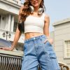 51wzycgV4EL.jpg Bermuda Cargo Denim Shorts for Women Knee Length 6 Pockets Elastic Waist Long Jorts for Summer Casual