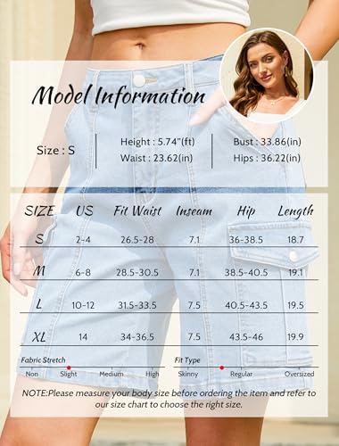 51yG4SUb8qL.jpg Bermuda Cargo Denim Shorts for Women Knee Length 6 Pockets Elastic Waist Long Jorts for Summer Casual