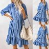 Womens Button Down Denim Dress Casual Loose Fit Cuffed Sleeve Ruffled Jean Dresses for Women 2025(no Belt)