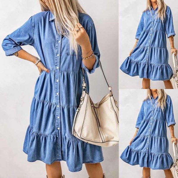 Womens Button Down Denim Dress Casual Loose Fit Cuffed Sleeve Ruffled Jean Dresses for Women 2025(no Belt)