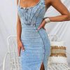 61HoeJ2gtfL.jpg Denim Dress for Women Sleeveless Side Slit Bodycon Midi Jean Dresses for Women 2025