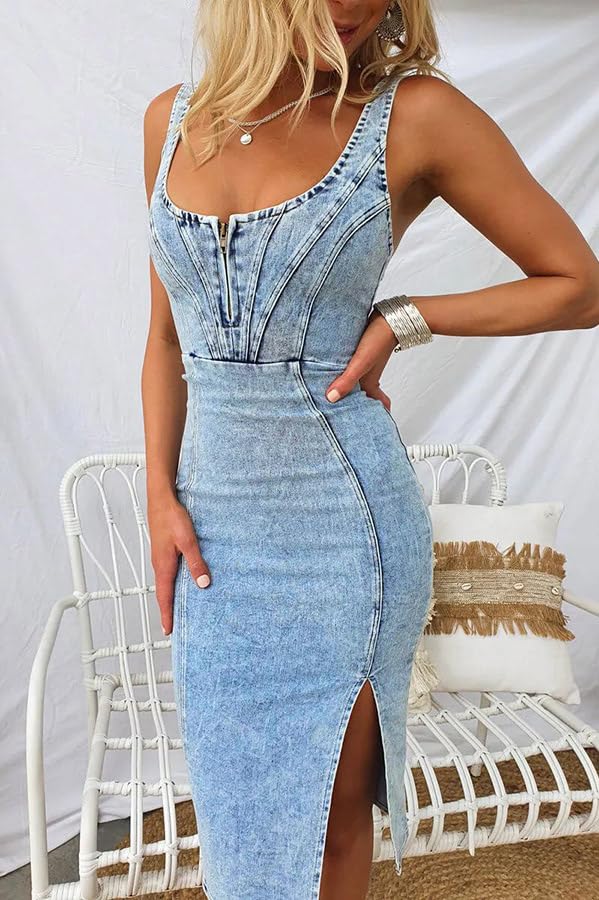 61HoeJ2gtfL.jpg Denim Dress for Women Sleeveless Side Slit Bodycon Midi Jean Dresses for Women 2025