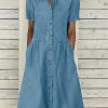 Womens Denim Dress Lapel Short Sleeve Frayed Hem Jean Dresses Oversized Button Down A Line Shirt Dress