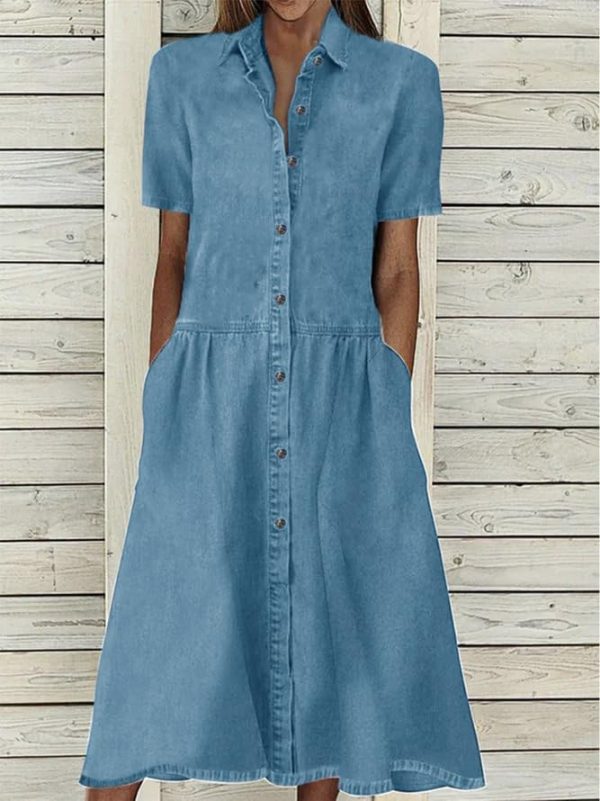 Womens Denim Dress Lapel Short Sleeve Frayed Hem Jean Dresses Oversized Button Down A Line Shirt Dress